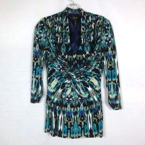 Laundry Tunic Blouse Classy Blue Teal Black White Tribal Print Knot Front Size 4